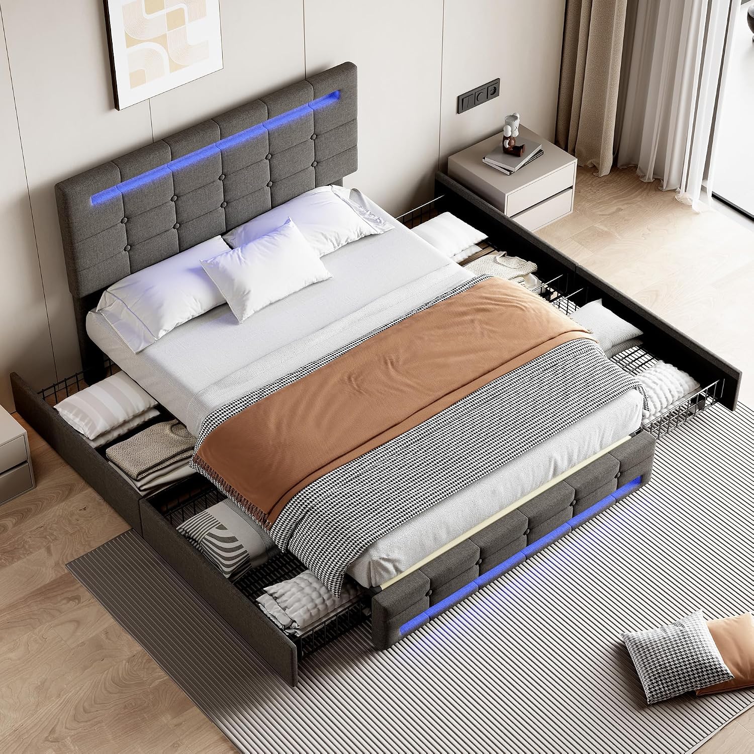 ModernLuxe 4FT6 Double Bed, Upholstered Bed Frame with LED Lighting and Storage Drawers, Adjustable Button Tufted Headboard, Storage Bed, No Box Spring Needed, Easy Assembly, Linen, Grey, 135x190cm