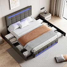 Oyemige Upholstered Bed Frame with LED Lighting 135x190 cm, 4ft6 Double Bed with 4 Storage Drawers, Bed with Slatted frame, Bed Frame with Adjustable Headboard for Bedroom, Linen, No Mattress Grey