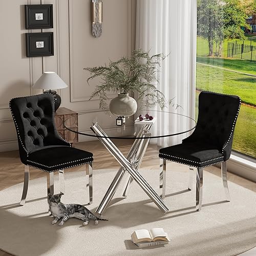 Miniatura 76 de Juego de mesa de comedor redonda dorada de 5 piezas, moderno juego de cocina circular de lujo para 4, 36 pulgadas, transparente, minimalista