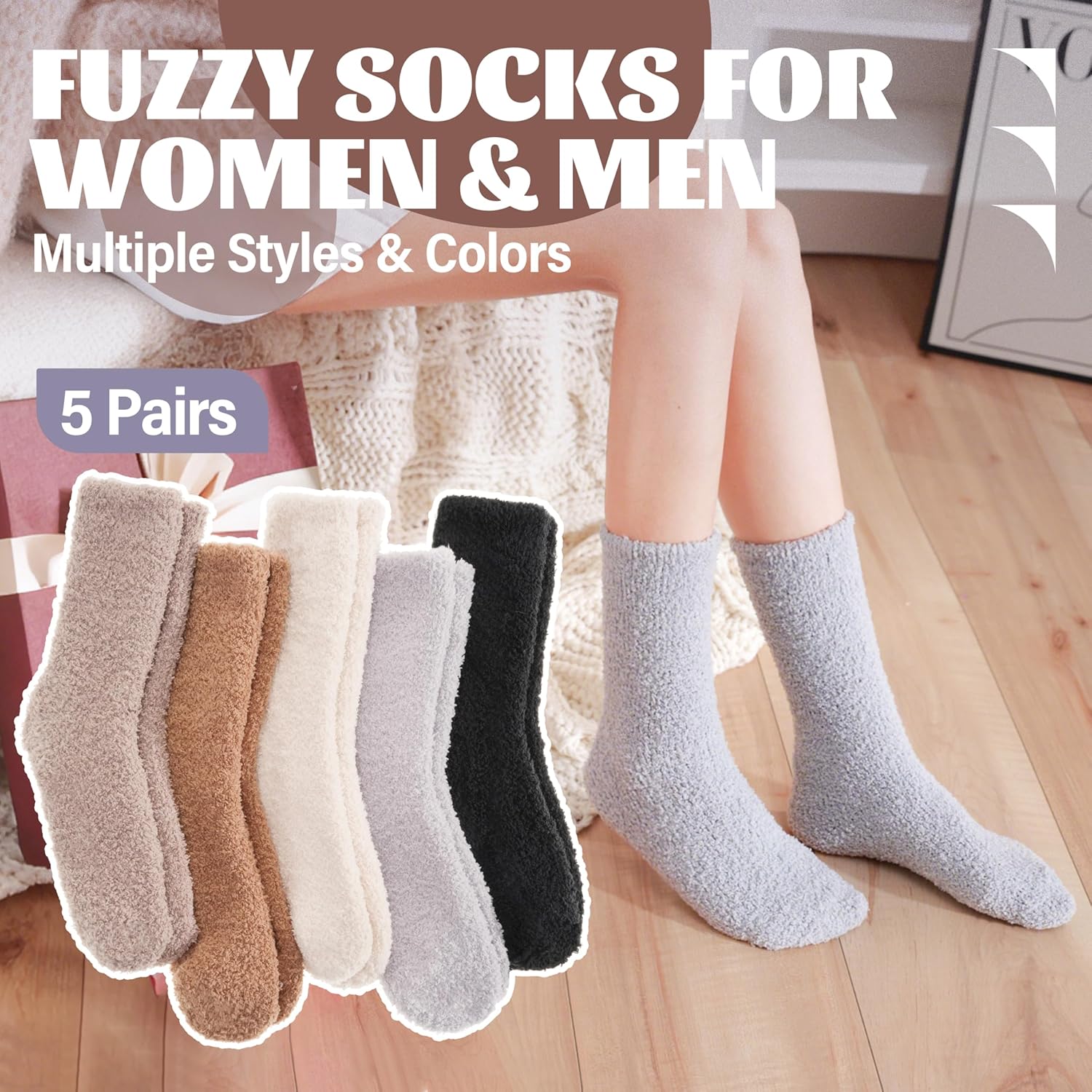 ANTSANG Fuzzy Socks for Women Men Slipper Fluffy Cozy Warm Winter Thick Plush Crew Socks 5 Pairs - Image 2