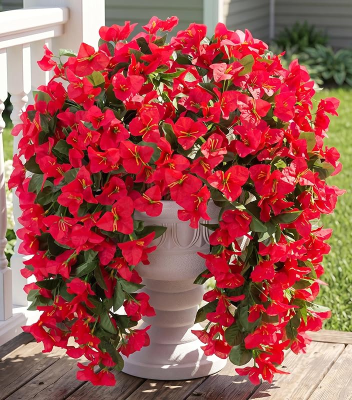 Plantas de flores artificiales de buganvilla sintética para decoración exterior, 2 piezas de flores falsas rojas, aspecto resistente a los rayos UV, enredaderas largas de seda real para puerta delantera, porche, macetero, urna, patio, jardín