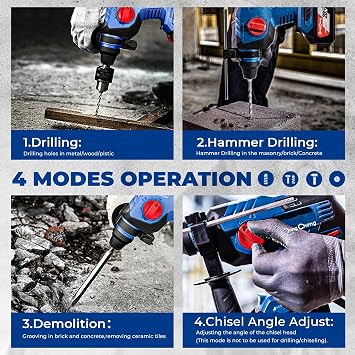 DongCheng 20V Max Cordless Rotary Hammer Drill, 7/8 SDS-Plus, 4 Application Modes, Brushless, 2.1 Joules, Cordless Demolition Hammer for Concrete, Including 4.0Ah Battery and Charger, 4 Drill Bits