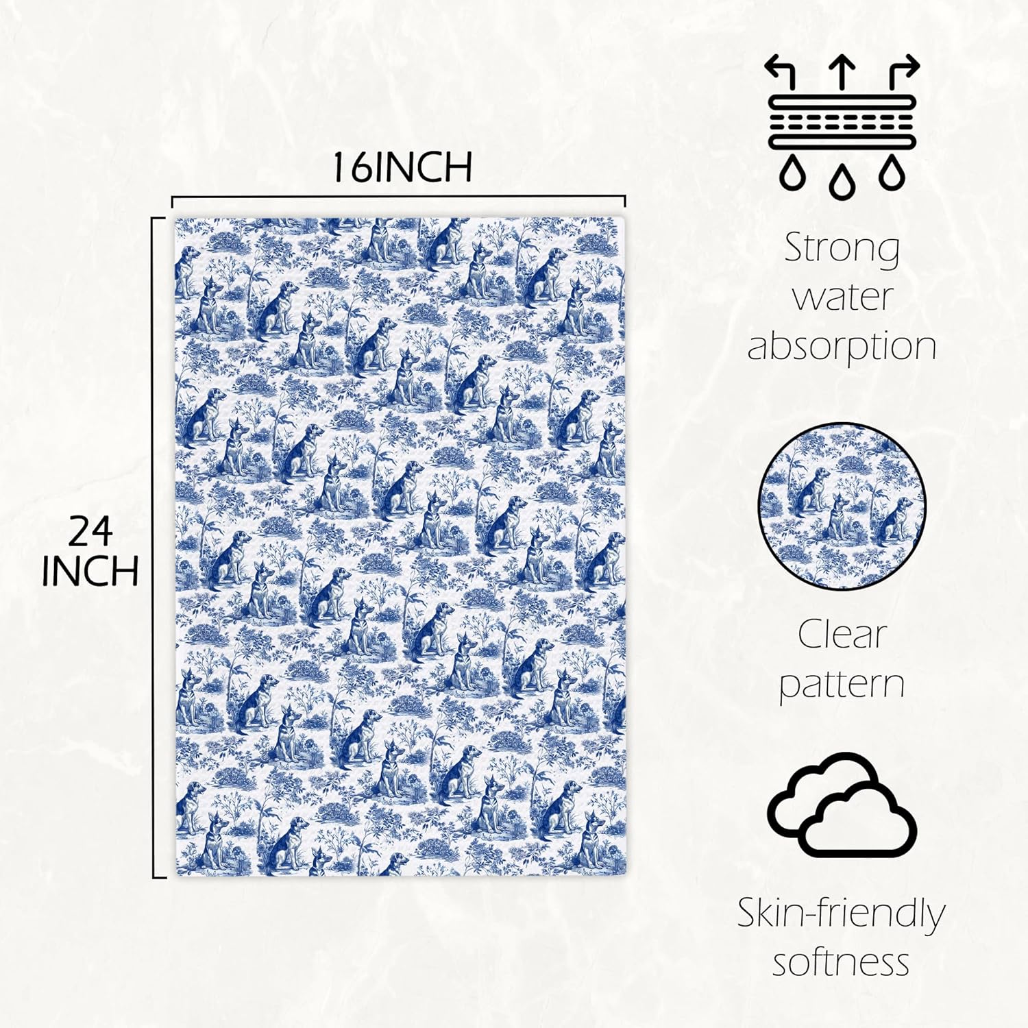 Chinoiserie German Shepherd Dog Kitchen Towels, German Shepherd Gifts Hand Towels for Bathroom Decor, Blue and White Floral Grandmillennial Dog Dishcloths Dish Towel for Kitchen 16x24 Inches - Image 7