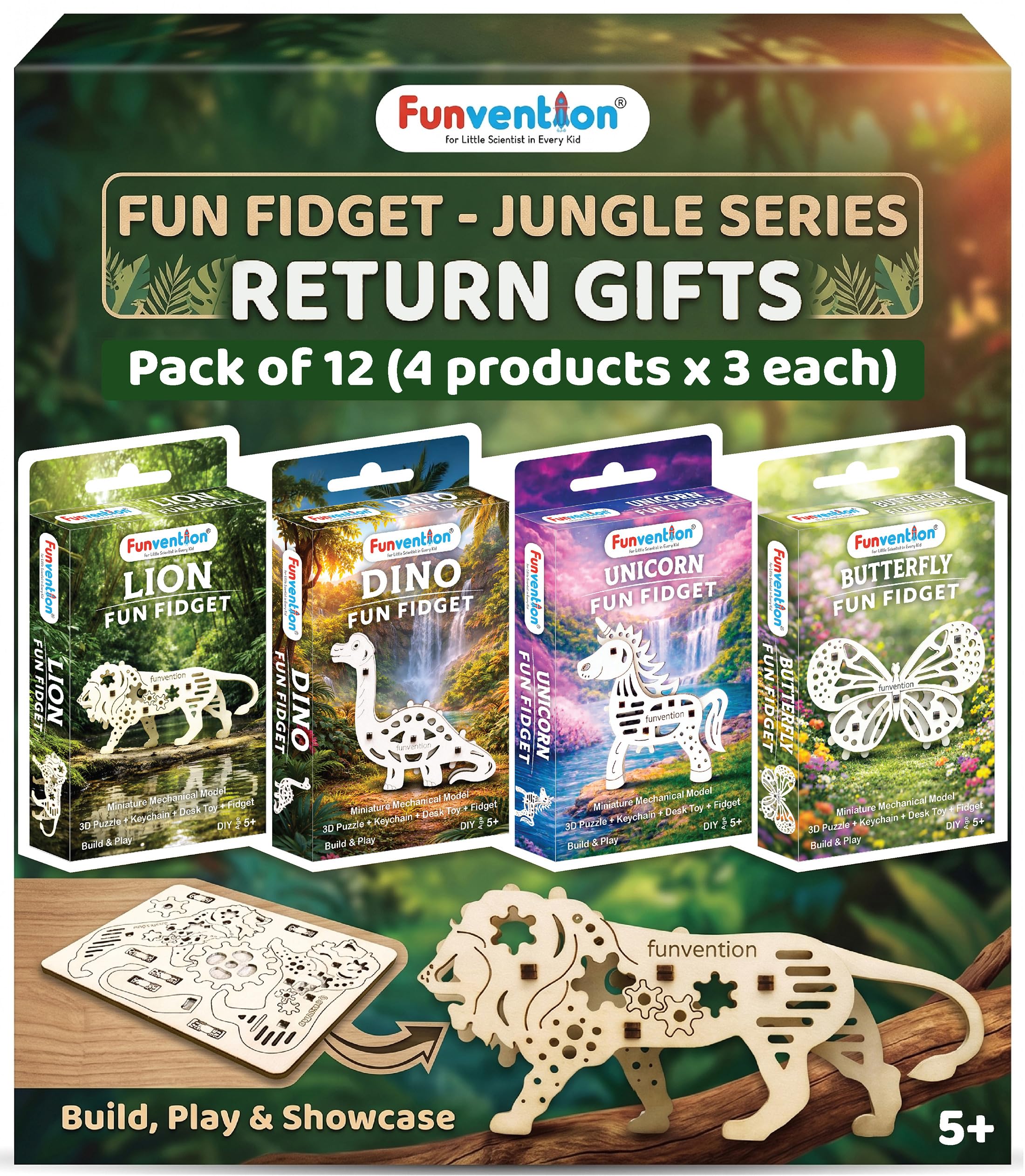 Funvention Birthday Return Gifts Pack of 12 Toys Fun Fidgets Jungle (3 x 4 DIY Miniature Mechanical Models Lion, Butterfly, Unicorn & Dino) Party Pack Return Favors for Kids Art & Craft STEM Learning-image-49
