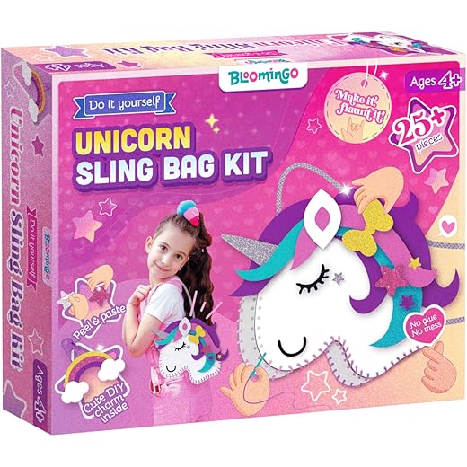Bloomingo DIY Unicorn Bag: Unicorn-themed 30+ Kid-friendly Sewing Pieces to Make a Sling Bag | DIY Craft Kits Creative & STEM Educational Gift for Girls Age 4 & above | Birthday & Return Gift for Kids
