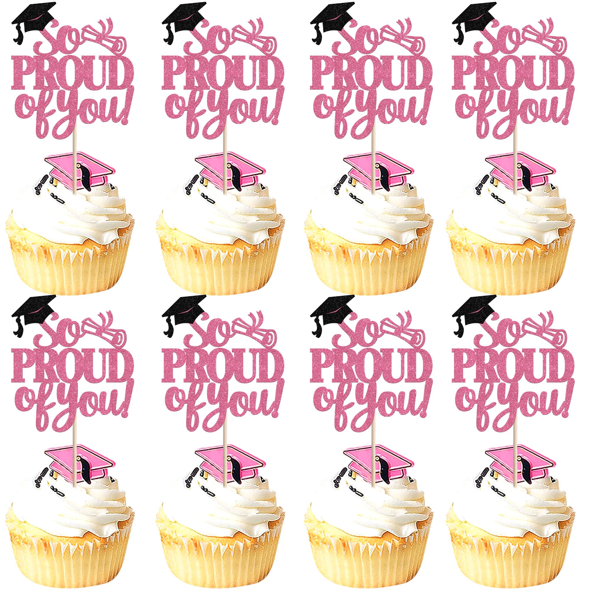 SYKYCTCY 24 Pack So Proud of You Cupcake Toppers Glitter Congrats Grad 2026 Grad Cap Cupcake Picks Class of 2026 Graduation Cake Decorations for 2026 Graduation Theme Party Supplies Pink