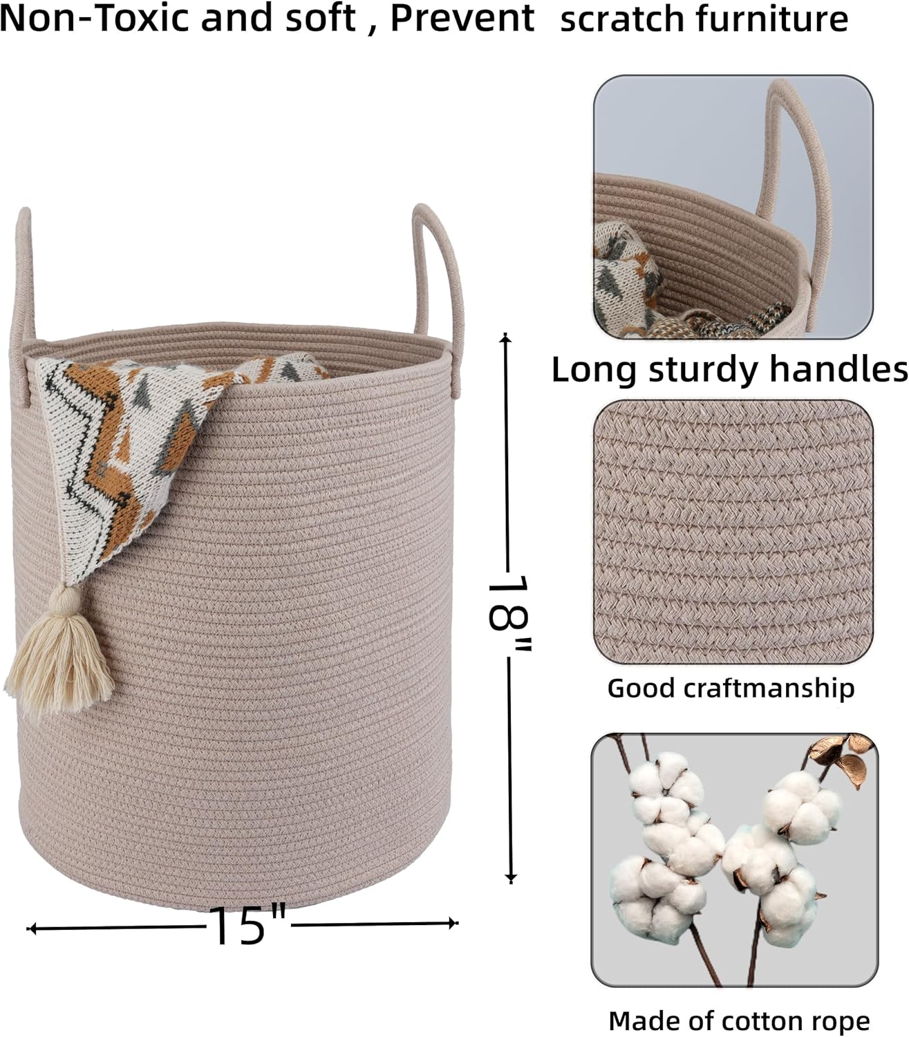 Cotton Rope Laundry Basket Hamper for Clothes Woven Storage Basket for Living Room Bedroom Boho Tall Rope Baskets for Blanket Toys Pillow Towels Baby Nursery Hamper Bin Konjac - Image 2