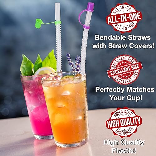 Miniatura 5 de Pajitas flexibles con tapa de pajilla, popotes flexibles de 11 pulgadas de largo, popotes flexibles y reutilizables con tapas de tapas de colores