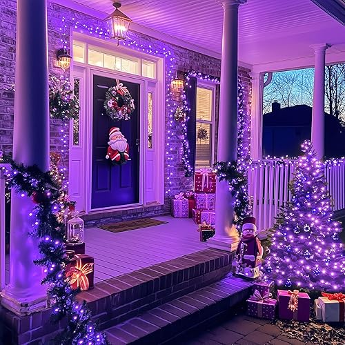 Miniatura 9 de JMEXSUSS 600 luces LED solares moradas de Halloween, 206.7 pies, luces solares de Navidad impermeables para exteriores, 8 modos de luces moradas