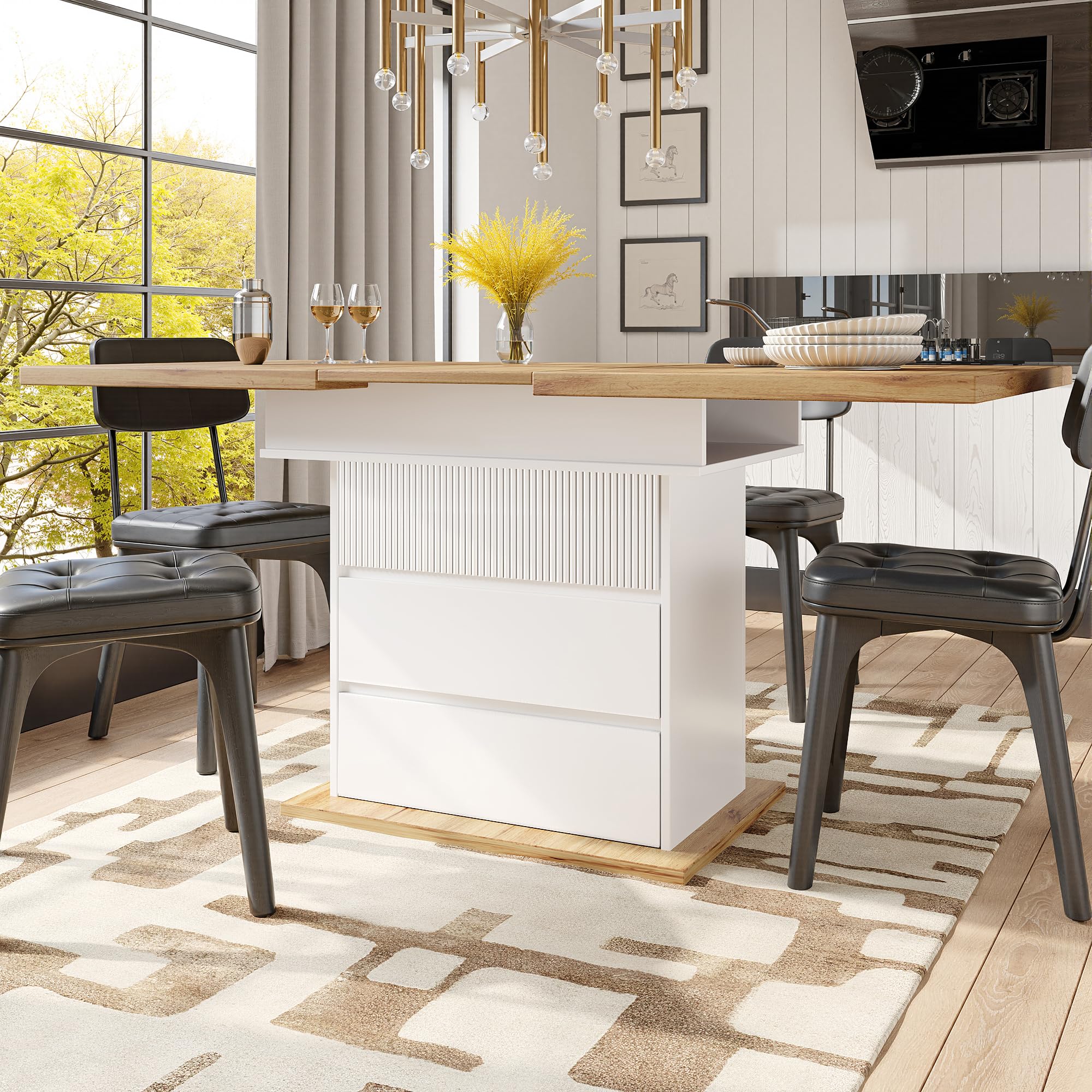 Jaxenor Extendable Dining Table 4-6 Seater, 110-140cm, Extending Dining Table with Hinged Door, 2 Drawers, Adjustable Shelves, Kitchen Table for Living Room, Dining Room, Natural+White(No Chairs)