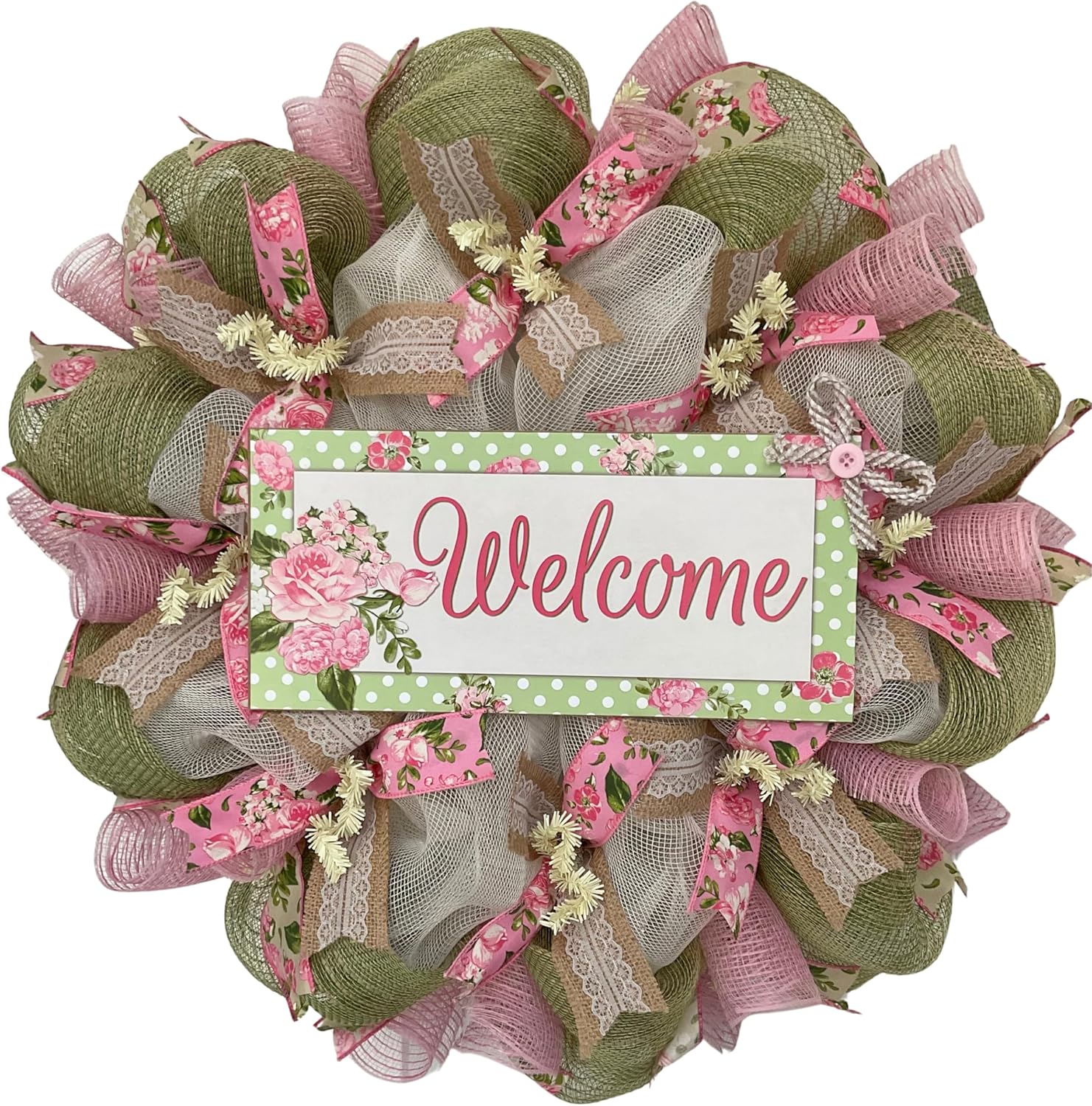 Spring Wreath, Luxury Handmade - Mint and Pink Floral Welcome” Front Door Decor, 24 or 28 Inch