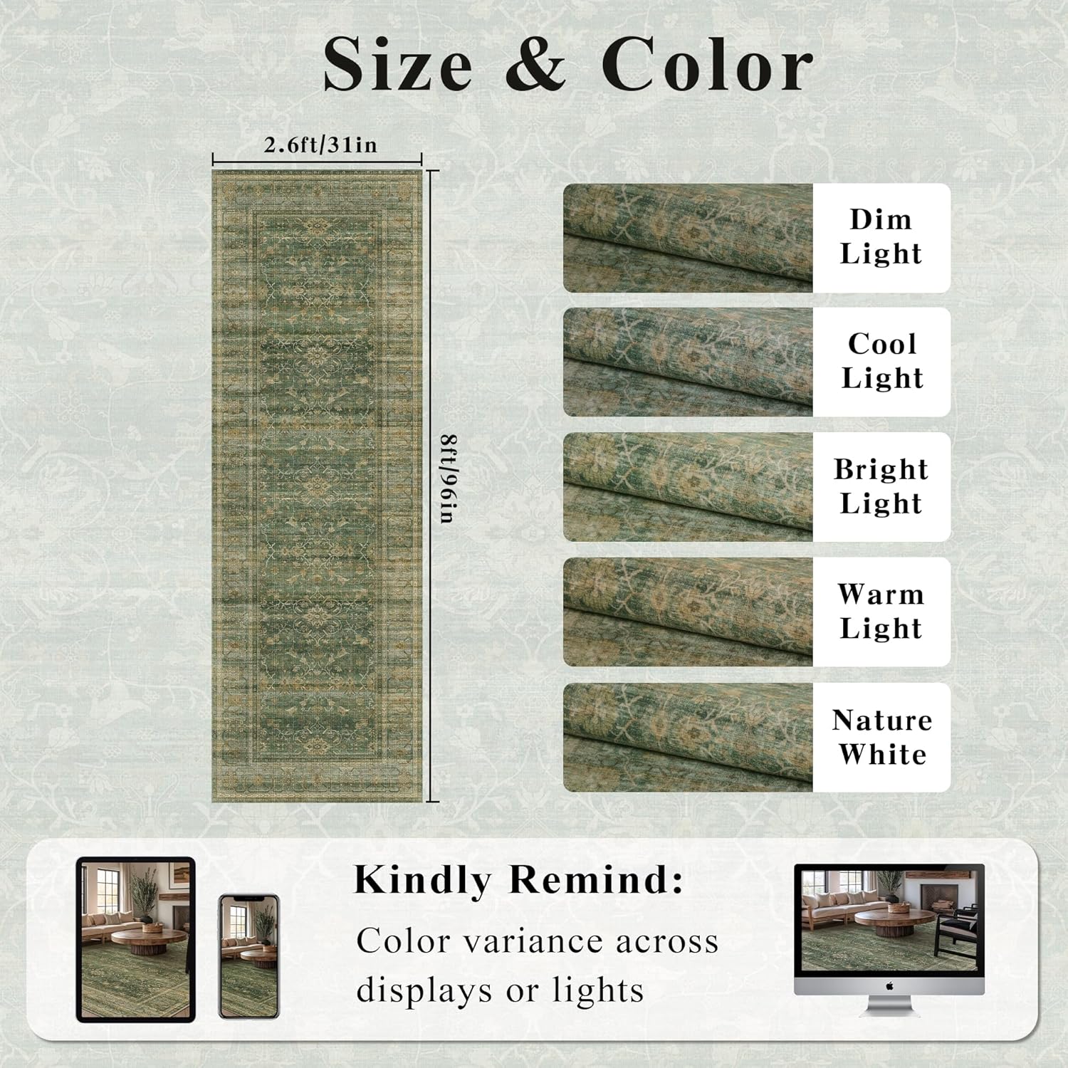 2.6x8 Runner Rug for Hallways Vintage Distressed Non Slip Long Carpet Floral Boho Distress Print Pattern Mat Lightweight Retro Accent Throw Carpet for Kitchen Bedroom Bedside Laundry Room-Green