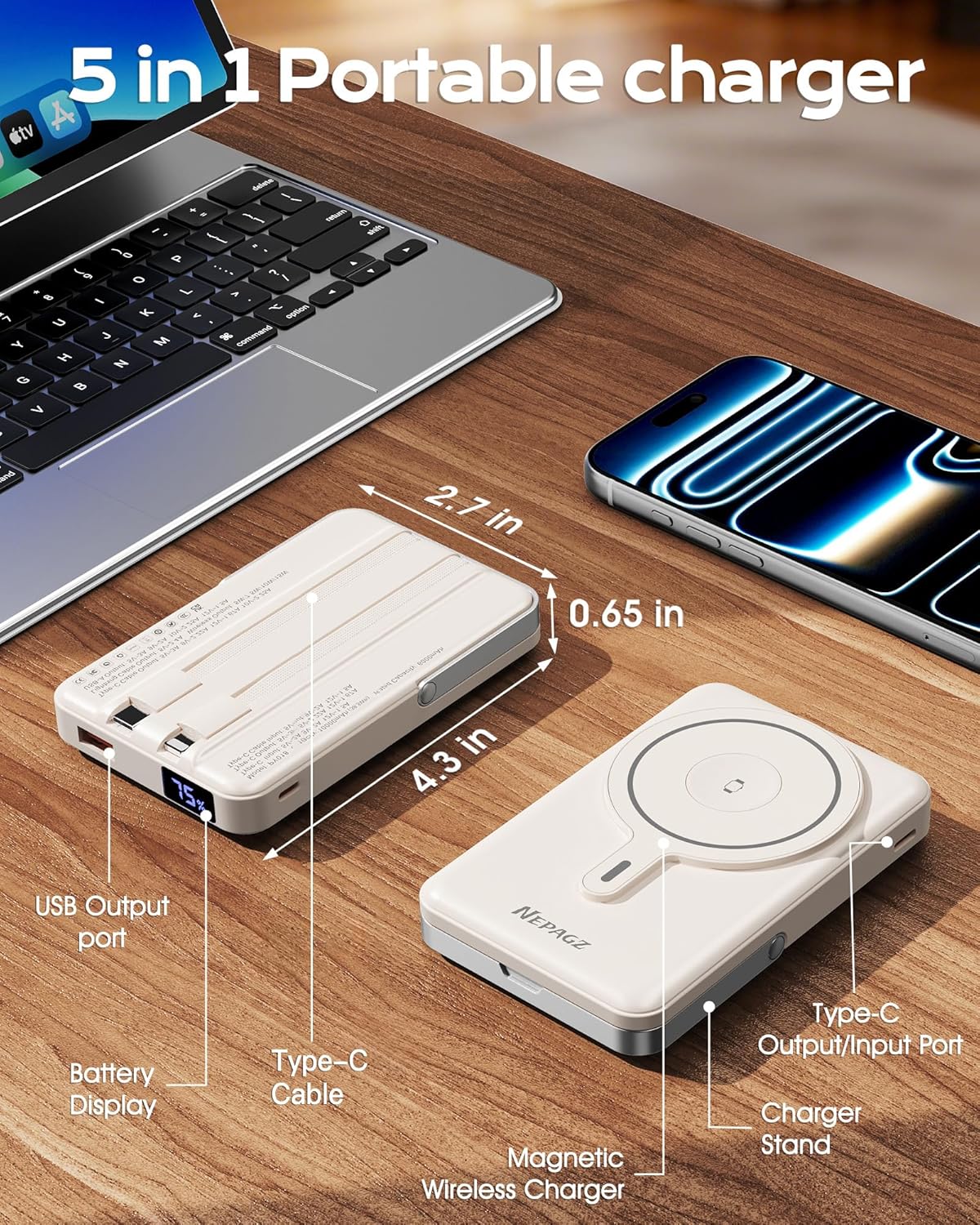 for Magsafe Portable Charger,10000mAh Magnetic Power Bank with Foldable Stand,PD22.5W Fast Charging with USB-C Cable,Wireless Portable Charger for iPhone 17/16/15/14/13/12 Series, Creamy White