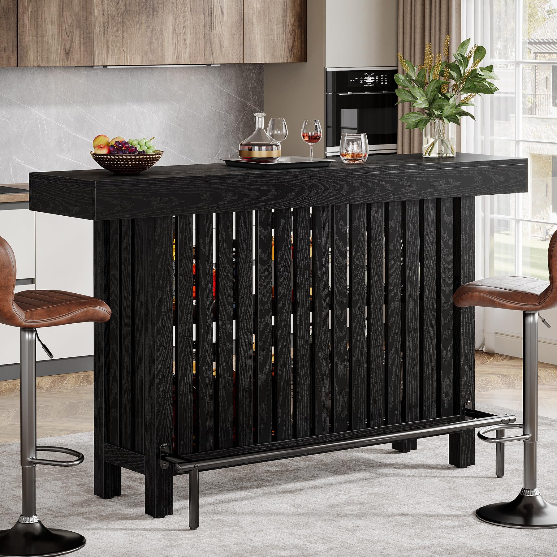 Tribesigns Black Large Home Bar Unit, 2-Tier Mini Bar Table Height Pub Table with Footrest, 63-Inch Modern Coffee Bar Cabinet for Home Kitchen, Bistro, Dining Room, Living Room