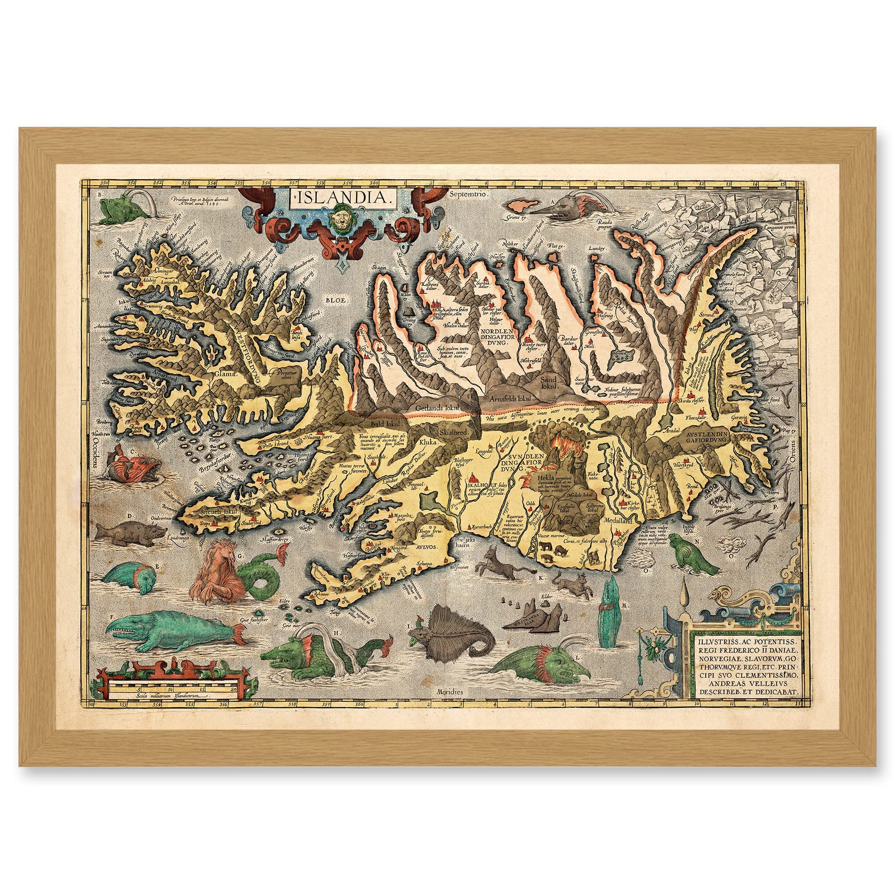 Artery8 Map Ortelius 1585 Iceland Islandia Sea Monsters Pictorial Fantasy Artwork Framed Wall Art Print A4