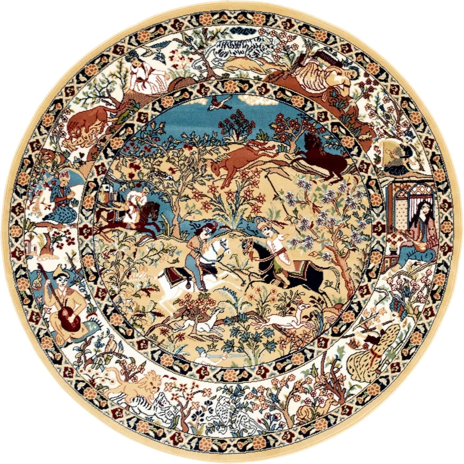 Round Tan and Blue Synthetic Stain-Resistant Area Rug