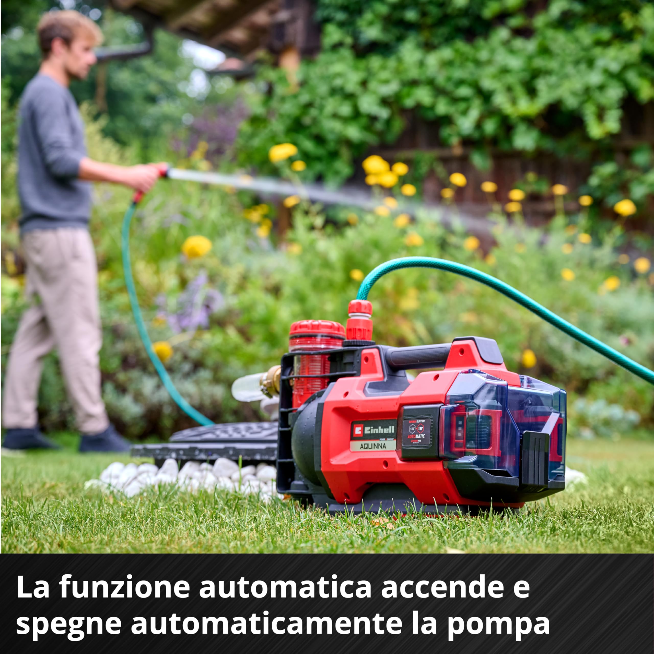 Einhell pompa da giardino a batteria automatica AQUINNA 18/30 F LED AUTOMATIC Power X-Change (18 V, max. 3000 L/h, max. 28 m di altezza, funzione automatica, 2 slot per batteria, senza batteria)