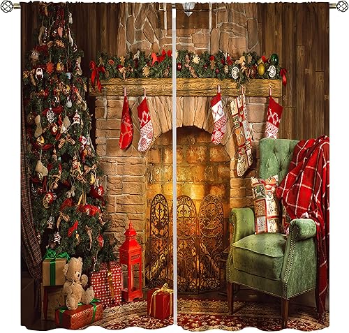 Miniatura 9 de Cortinas de Navidad, regalo de árbol de Navidad de invierno, oso marrón, con purpurina, ventana, estampado de escenas de nieve, decoración del