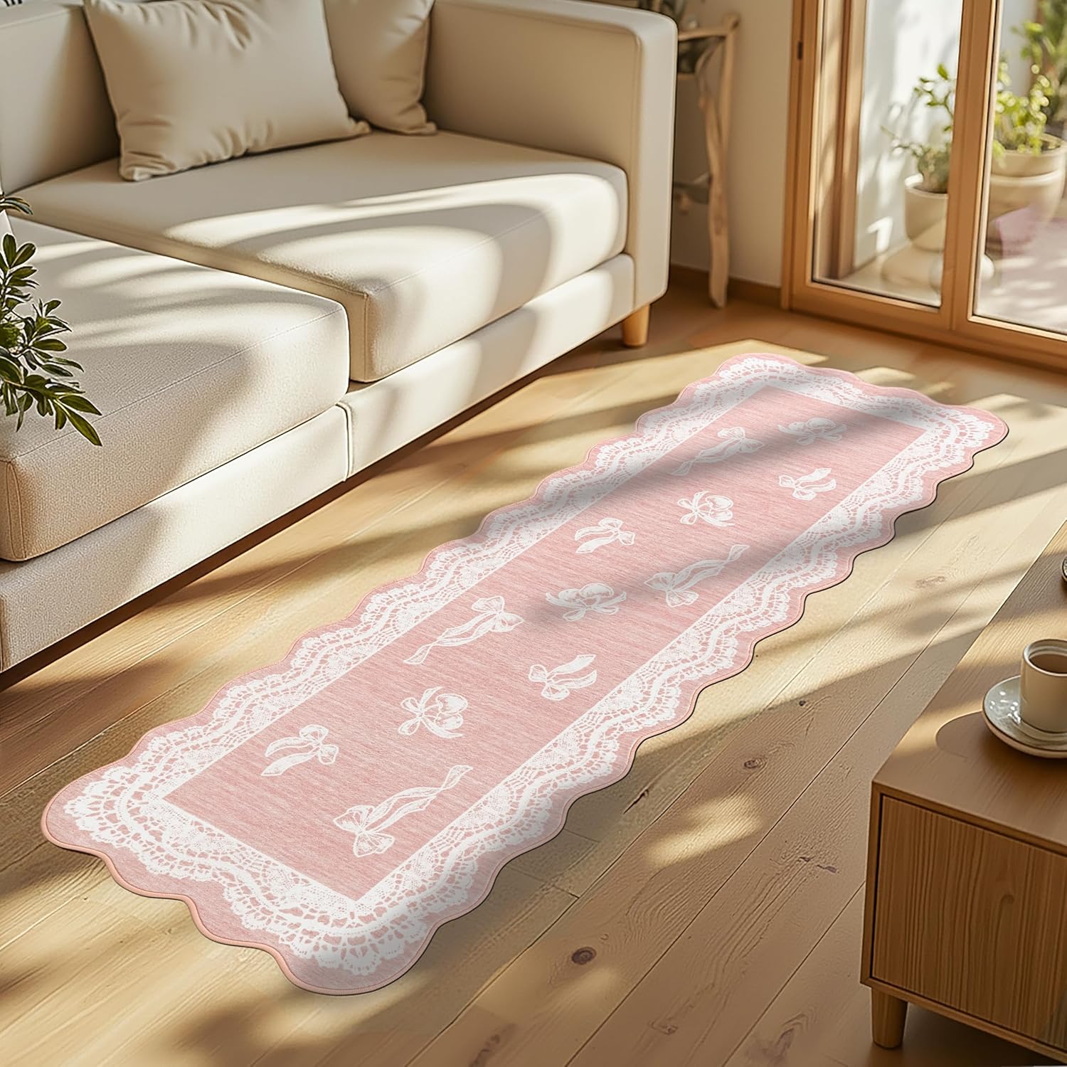 ORTIGIA Pink Scalloped Runner Rug 2x6, Washable Low Pile Non Slip Bathroom Rug with Bow for Hallway Bath Kitchen Bedroom Dorm Living Room Home Indoor Decor