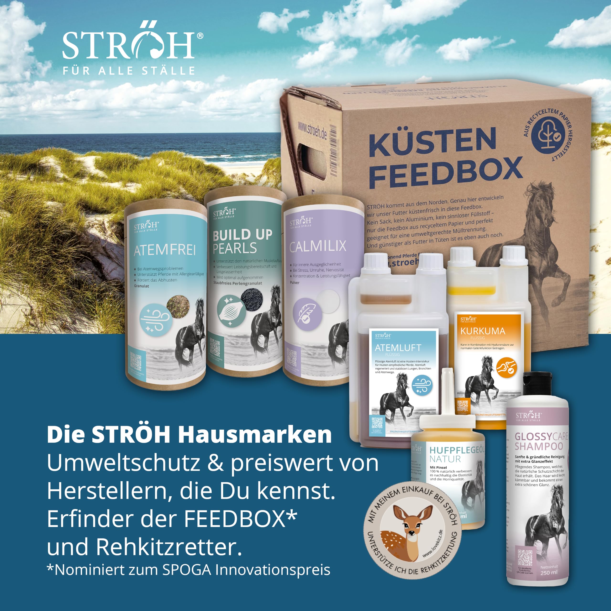 STRÖH Grünlippmuschel Pellets für Pferde - 1,3 kg Feedbox Dose - Natürlich