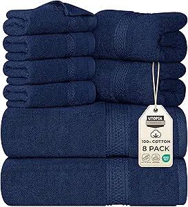 Utopia Towels 8 Piece Premium Towel Set, 2 Bath, 2 Hand, and 4 Wash Cloths, 600 GSM 100% Ring Spun Cotton, Highly Absorbent Towels for Bathroom, Gym, Hotel, and Spa, Navy Blue