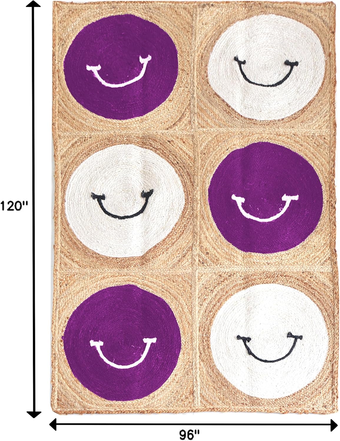Natural Jute Area Rug 10x18 Hand Briaded Boho Rug Thick 0.27" Purple & White Geometric Smiley Face Pattern Rugs for Bedroom Kids Play Room Dining Table Decorative Floor Carpet