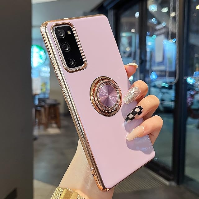 ZTOFERA Compatible with Samsung Galaxy S20 FE 4G/5G Case with 360 Degree Rotation Finger Ring Holder, Soft Silicone Phone Case with Magnetic Metal for Car Mount Gold Edging Shockproof Cover, Purple