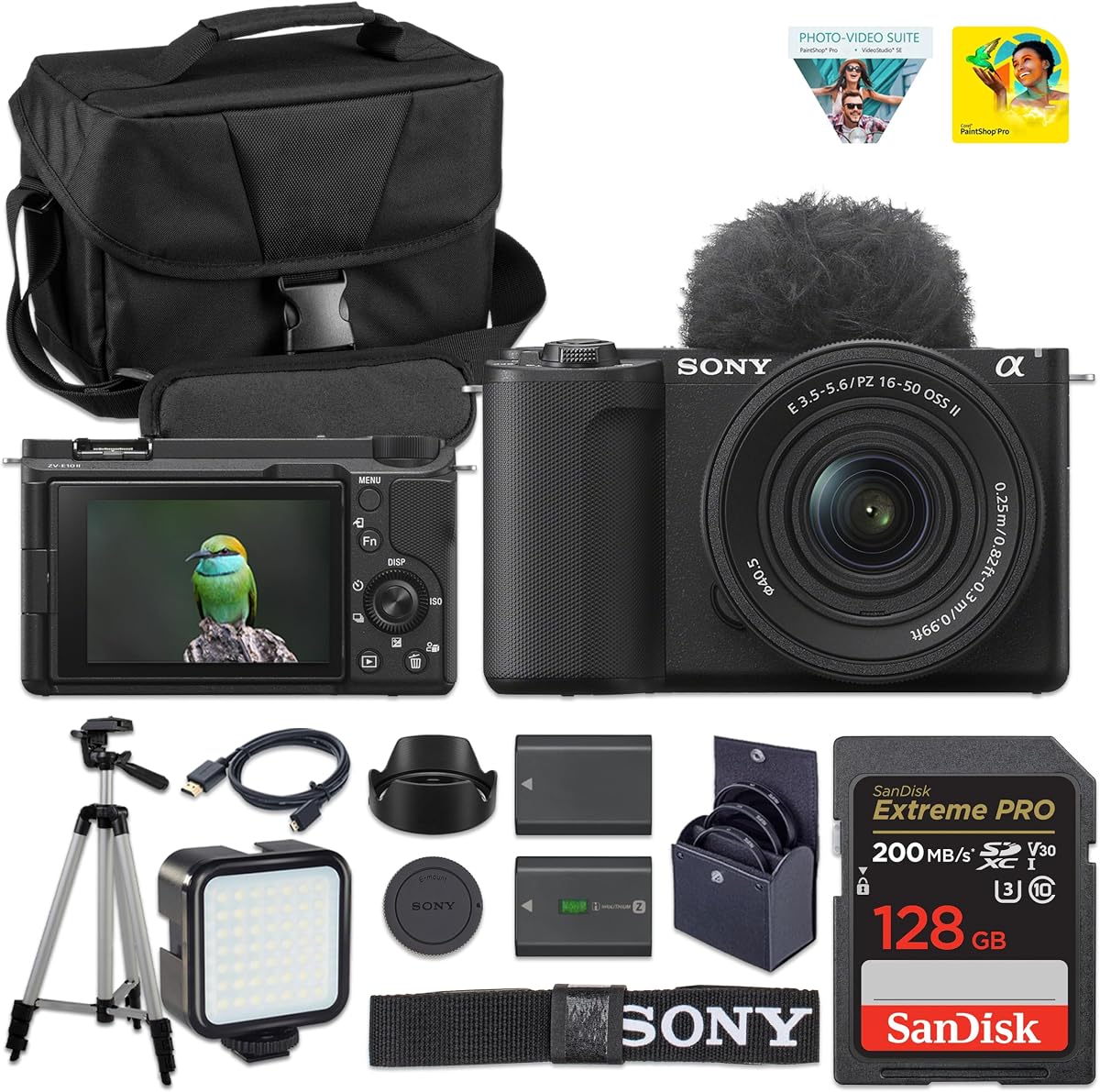 Cámara sin espejo Sony ZV-E10 II (negra) con lente de 16-50 mm f/3.5-5.6 | Sensor APS-C de 26 MP, vídeo 4K y pantalla abatible | para Vlogging y creación de contenido + Batería adicional + Tarjeta de 64 GB + Estuche para cámara