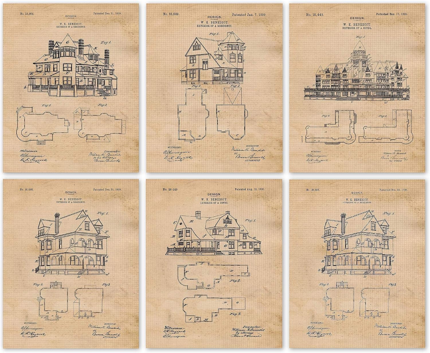 Vintage House Patent Prints, 6 (8x10) Unframed Photos, Wall Art Decor for Home Office Man Cave Work Tool Garage Studio School Student Teacher Construction Architect Builder Designer Engineer