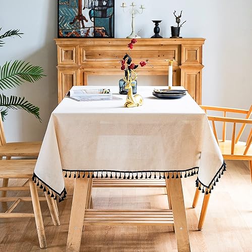 YUURAINVUVU Tela de lino de algodón beige puro, mantel rectangular con borlas negras con costuras para cocina, comedor, mesa, decoración, fiesta de