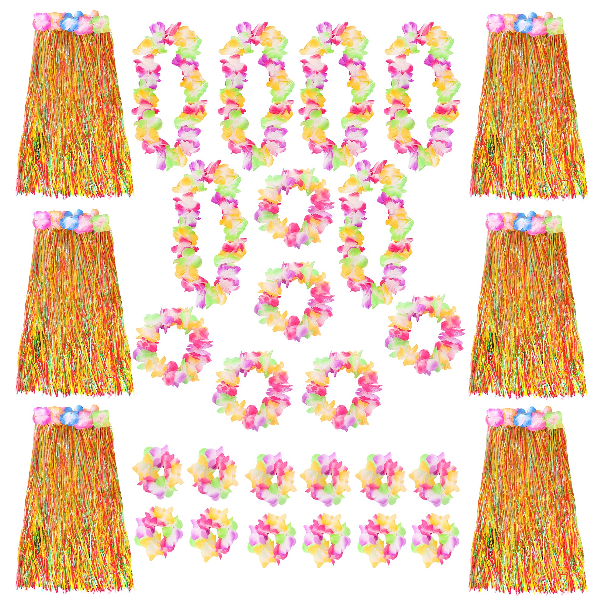 Multicoloured Hawaiian Hula Skirt and Multicoloured Lei Set X6 - Flower Necklace, Headband and Bracelet - 80cm Grass Hula - Luau - Fancy Dress Costume Accessory