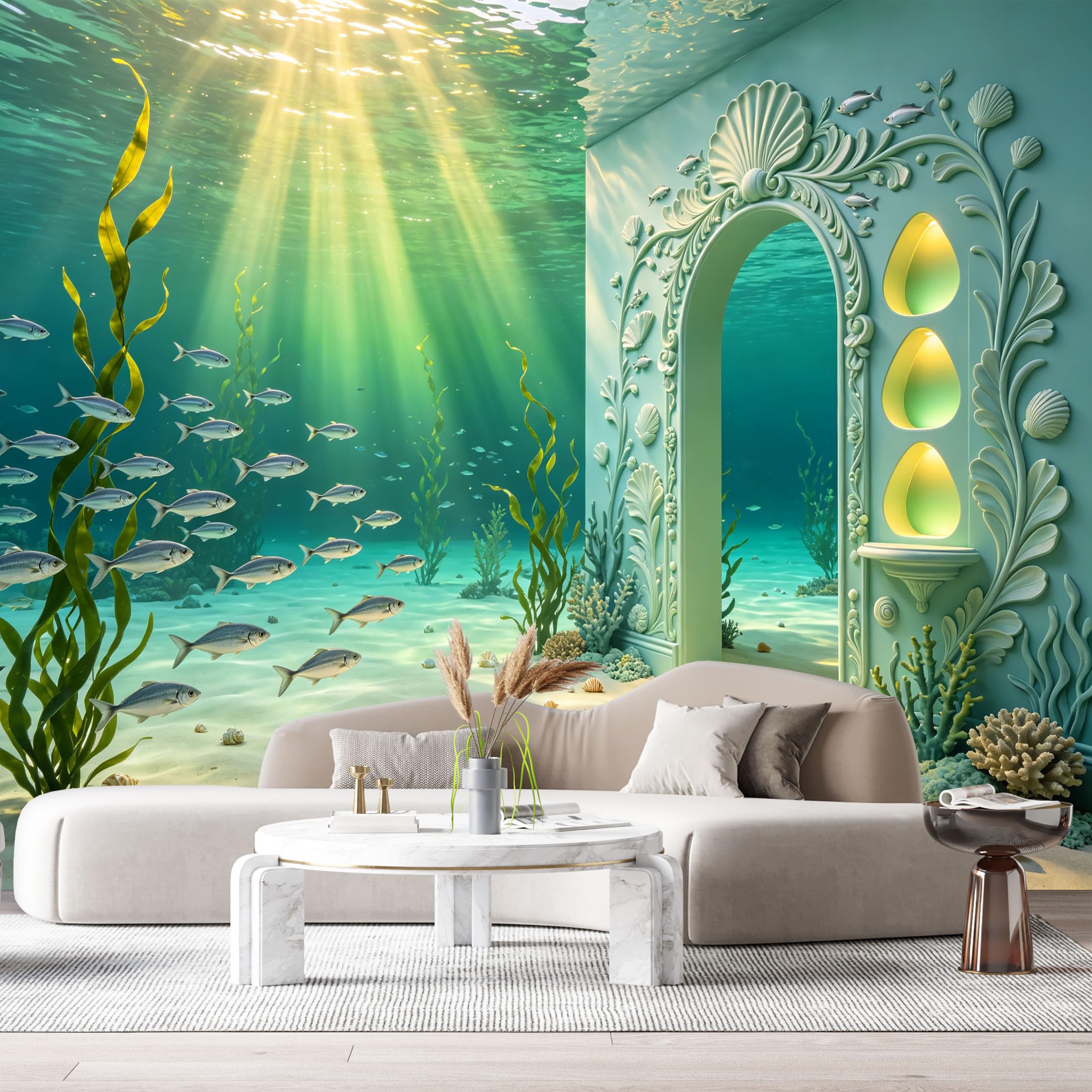 Custom Size Wall Murals Ocean Marine Fantasy Underwater Palace Archway 3D Trompe L'Oeil SelfAdhesiveWall Fabric Removable Wallpaper Wall Decor for Living Room Bedroom Bathroom