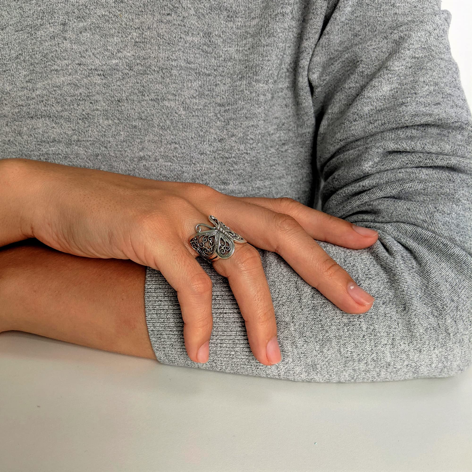 Silverly Anillo Ancho Plata de Ley Mariposa Filigrana | Anillos Plata 925 Pulgar Mujer | Joyas Dama Honor Estilo Vintage | Anillos Ornamentados Inspirados Naturaleza Ella | Regalo Hija