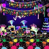 Vista 5 de Suministros de fiesta de neón que brillan en la oscuridad, manteles de neón para fiestas, vajilla de fiesta brillante, vasos, platos y servilletas