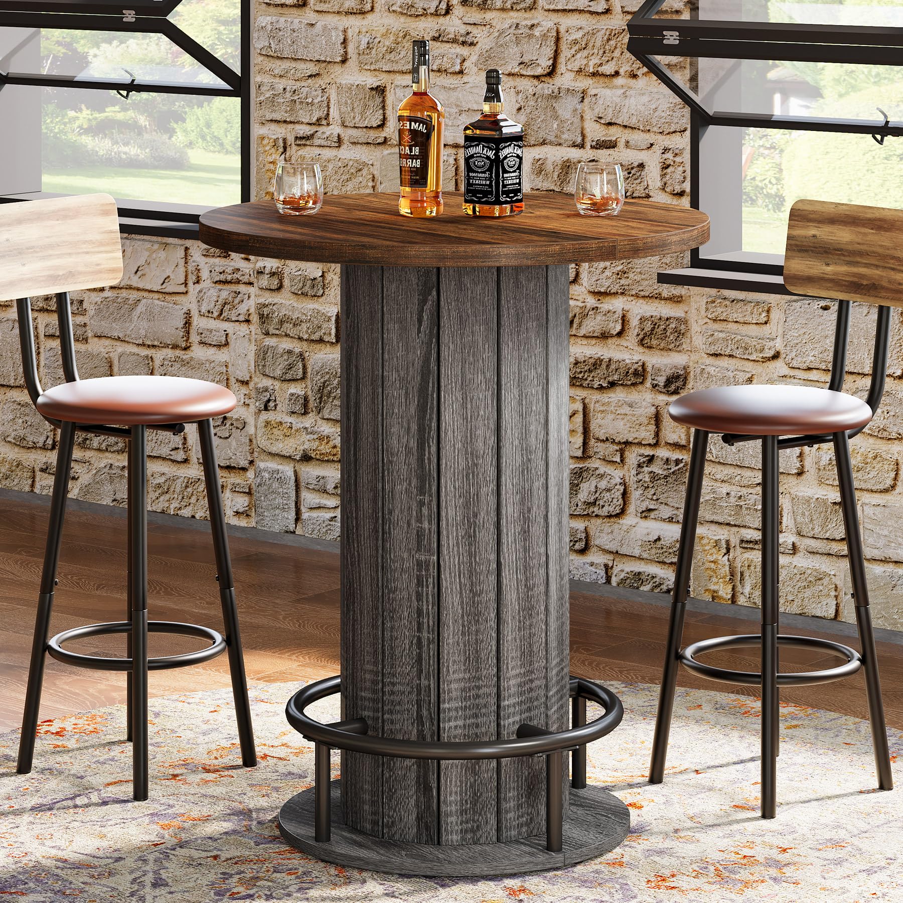 Tribesigns Tavolo da bar rotondo, 100 cm di altezza, in legno, con poggiapiedi ad anello in metallo, per sala da pranzo, caffè, cocktail, soggiorno, piccolo spazio, marrone e grigio (solo tavolo)