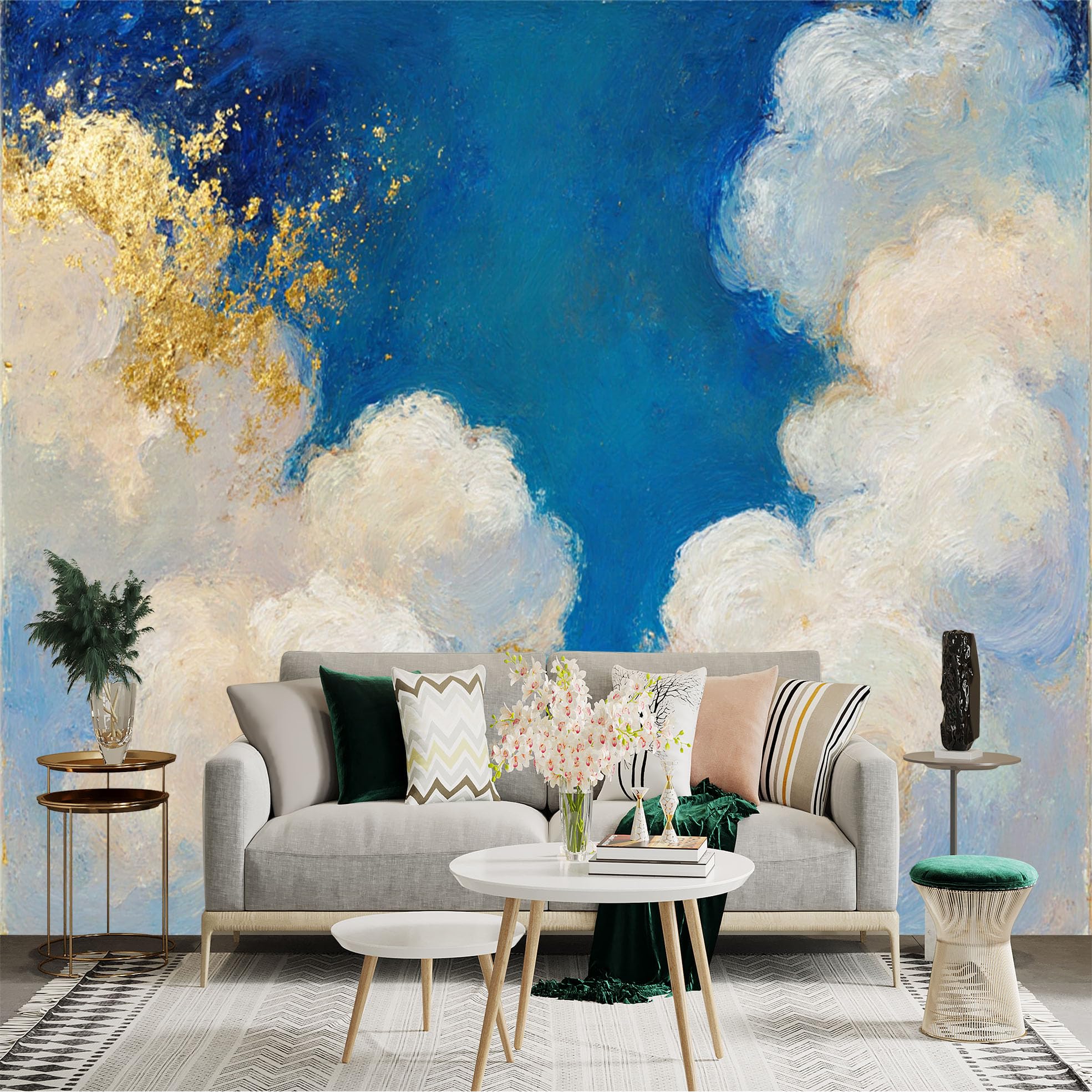 Custom Size Wall Sticker Mural， Abstract Blue Sky with Fluffy White Clouds and Gold Foil Texture， Oil Painting Style Art， for wall Decoration， peelandstick wall Decals.