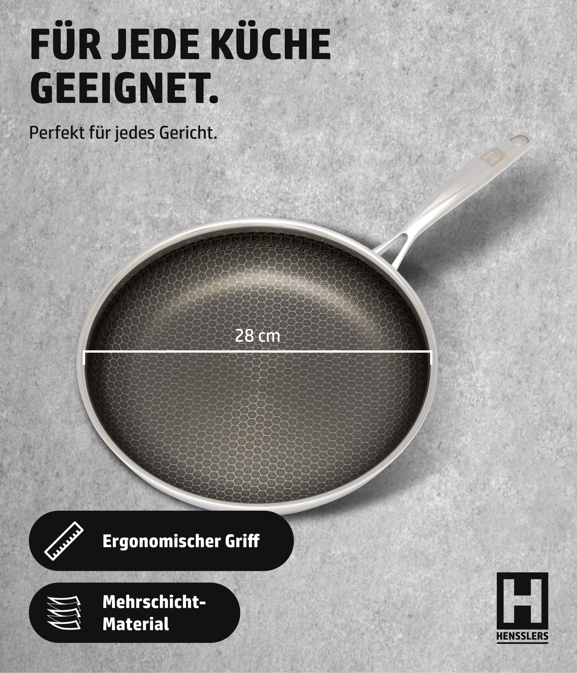 HENSSLERS® Pfanne 28 cm [ALLE HERDARTEN] - Bratpfanne zum Braten & Kochen - Antihaft Wabenpfanne - Induktion geeignet - Induktionspfanne - Pfanne Wabenstruktur 28cm - Schnitt- & Kratzfest