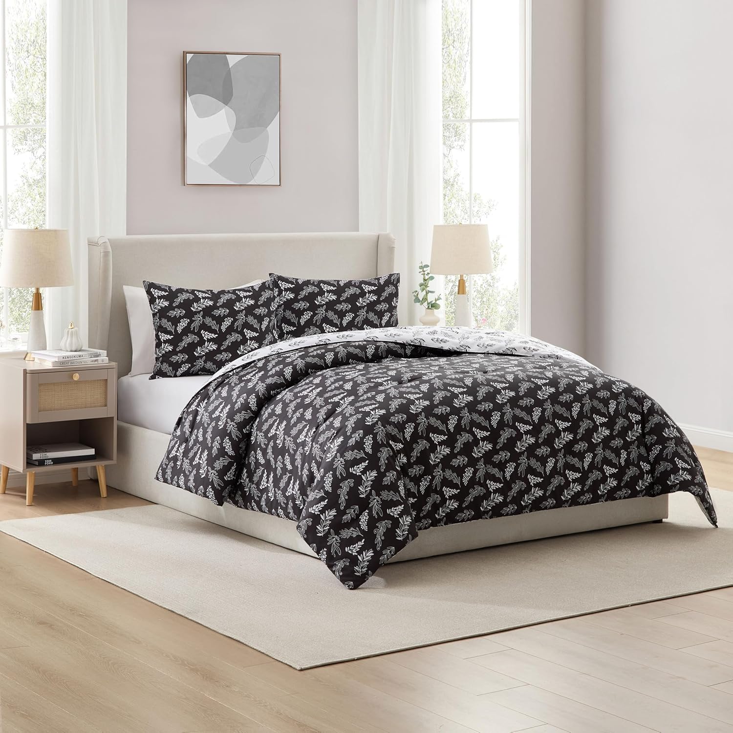 Nestl Queen Comforter Set - Black Bed in a Bag Queen Size, 3 Pieces Reversible Bed Set, Soft Floral Bedding Set, All Season Botanical Comforters with Pillow Shams