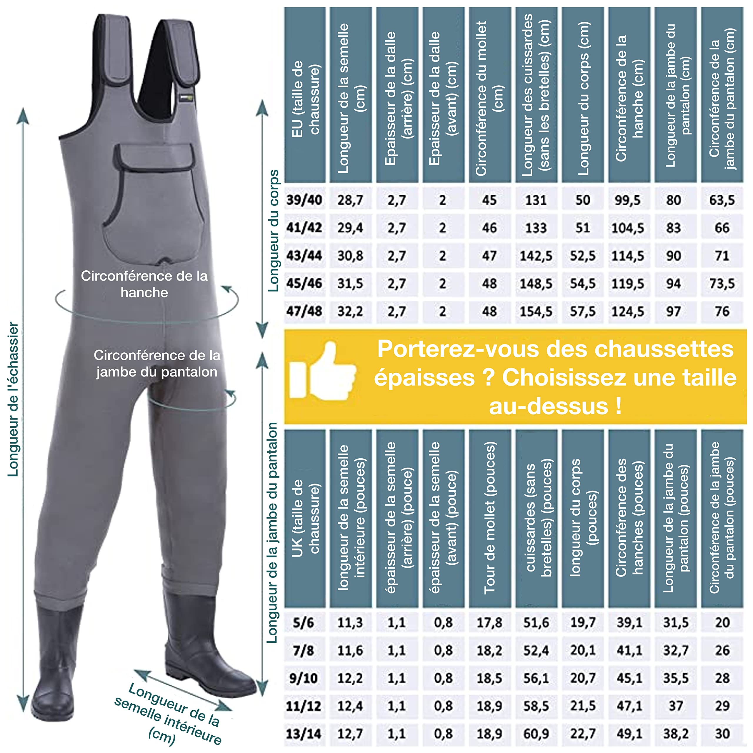 Cuissardes Néoprène Imperméables Waders Pêche Homme +1 Paire Chaussettes Thermiques