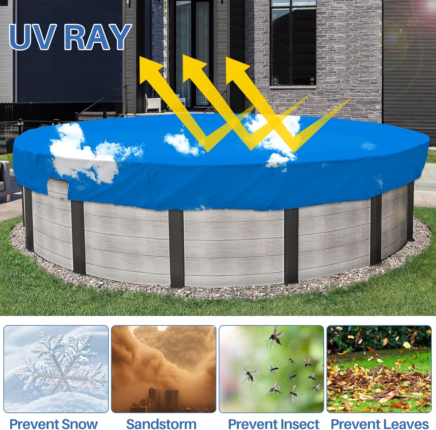 ECOOPTS 16 ft Waterproof Round Polyester Pool Cover for Above Ground Pools, Swimming Pool Cover Protector Winter Safety Cover (Blue Sky)