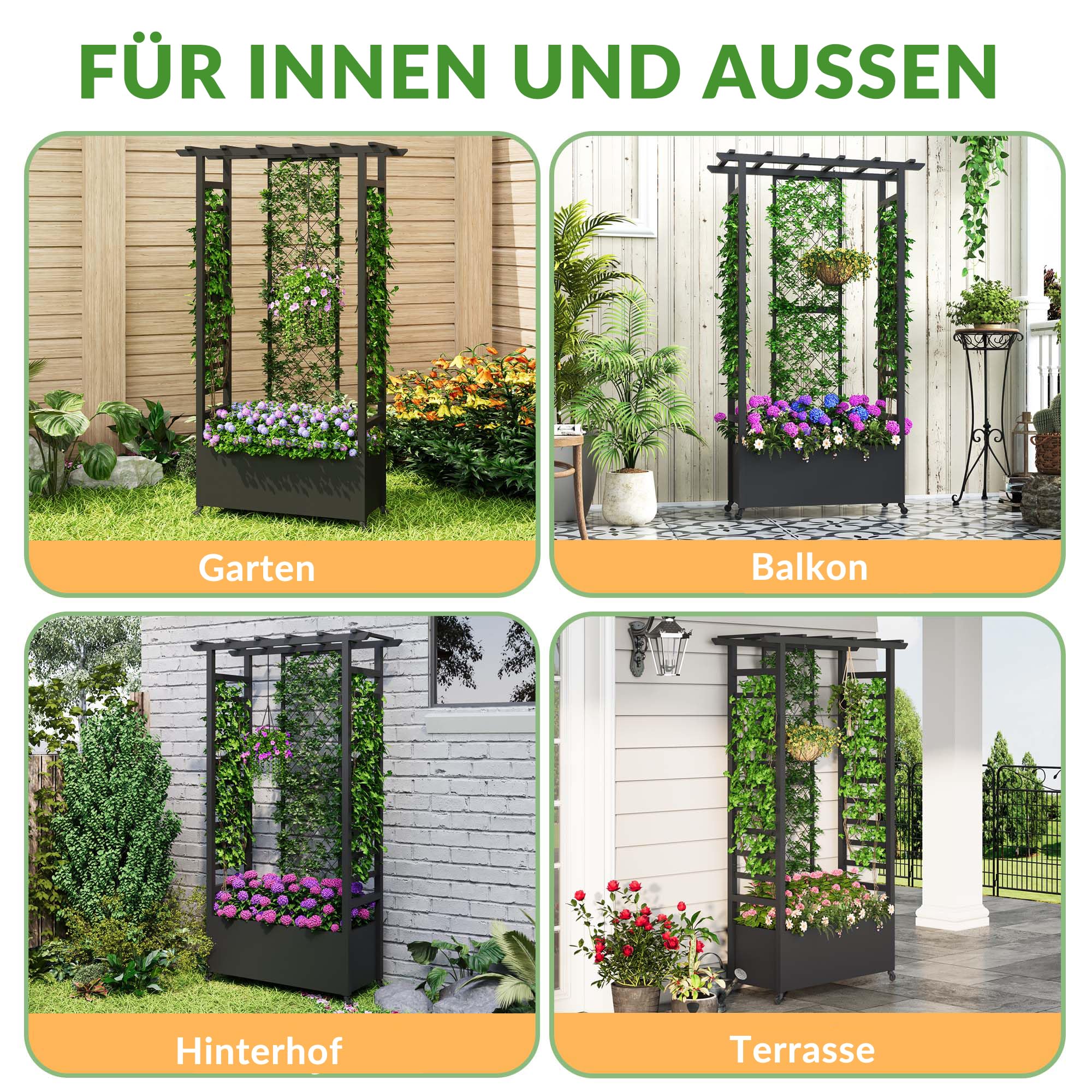 Hochbeet mit Rankgitter und Hängedach, wetterfester Metall-Pflanzkasten mit 4 Rollen und 2 seitlichen Rankgittern für Kletterpflanzen, mobiler Sichtschutz für Terrasse, Balkon und Garten