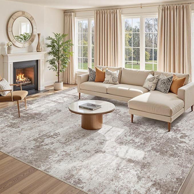 8x10 Washable Living Room Rug: Non-Slip Modern Abstract Area Rug for Bedroom Dining Room, Soft Low Pile Carpet Suitable for Families with Children, Brown