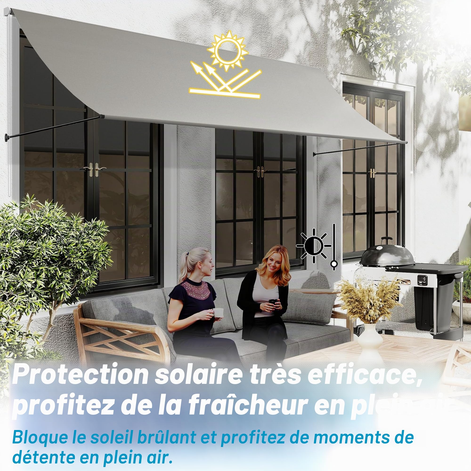 FIVMEN Store de balcon à bras articulé avec cordon et tige de support en aluminium, store enroulable de protection solaire pour fenêtre, terrasse, balcon 235x145 cm, gris