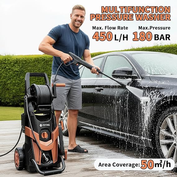 Foting High Pressure Washer 180bar, 450 l/h Jet Washer with Hose Reel, Foam Cannon & Adjustable 6-in-1 Nozzles, Area Coverage: 50㎡/h, Electric Power Washer for Fences, Cars, Patios and Driveway