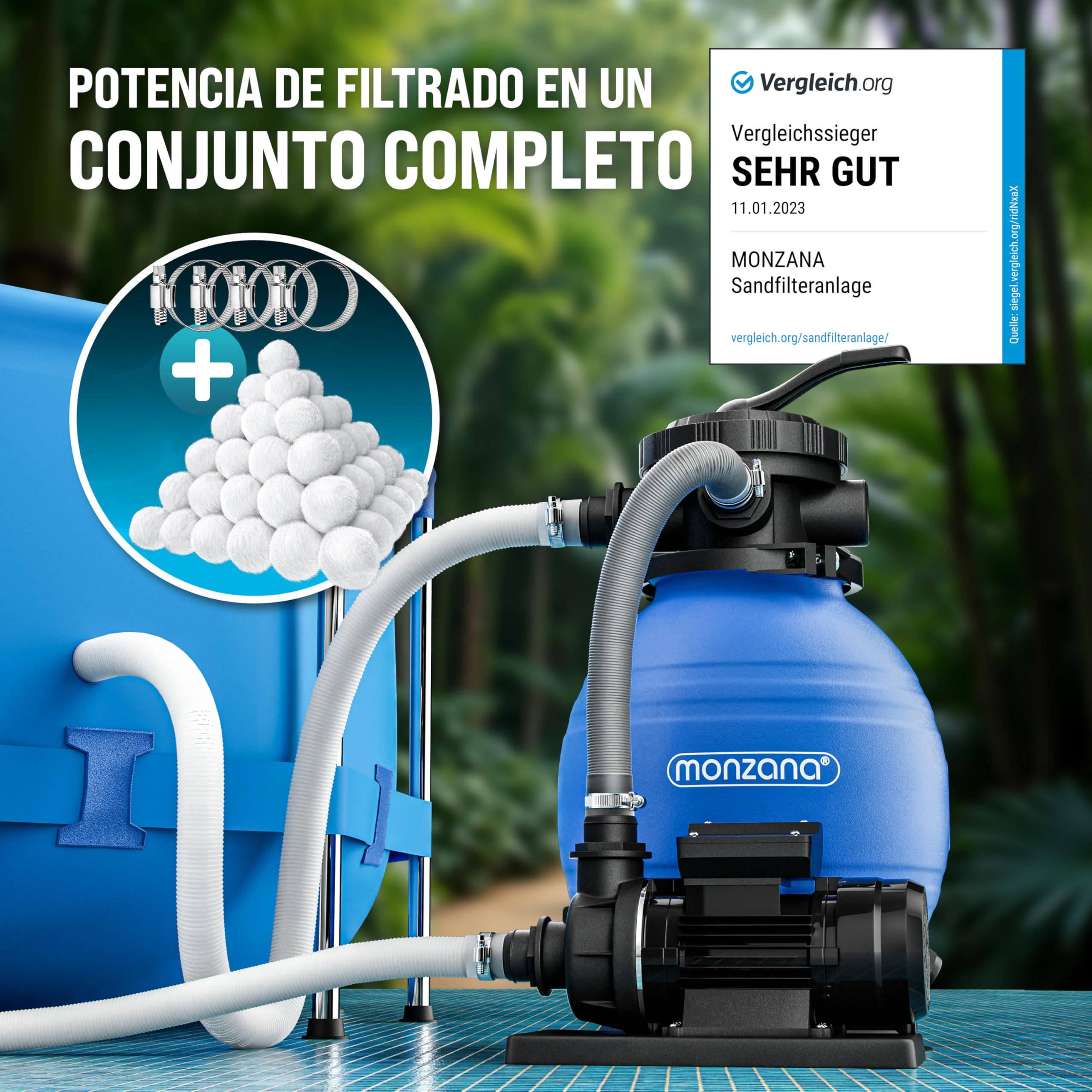 MONZANA® Depuradora Piscina 10.200L/h Filtro de Arena hasta 35.000L incl. Bolas Filtrantes Válvula 7 Funciones Filtrado 400W Adaptador Ø32-38 mm Bomba Indicador de Presión