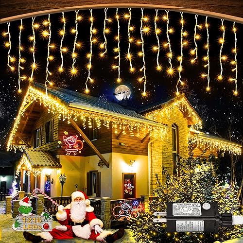 Miniatura 19 de Luces de Navidad rojas y verdes de 33 pies, 400 luces LED de carámbano para exteriores, cable transparente conectable, luz parpadeante con 8 modos,