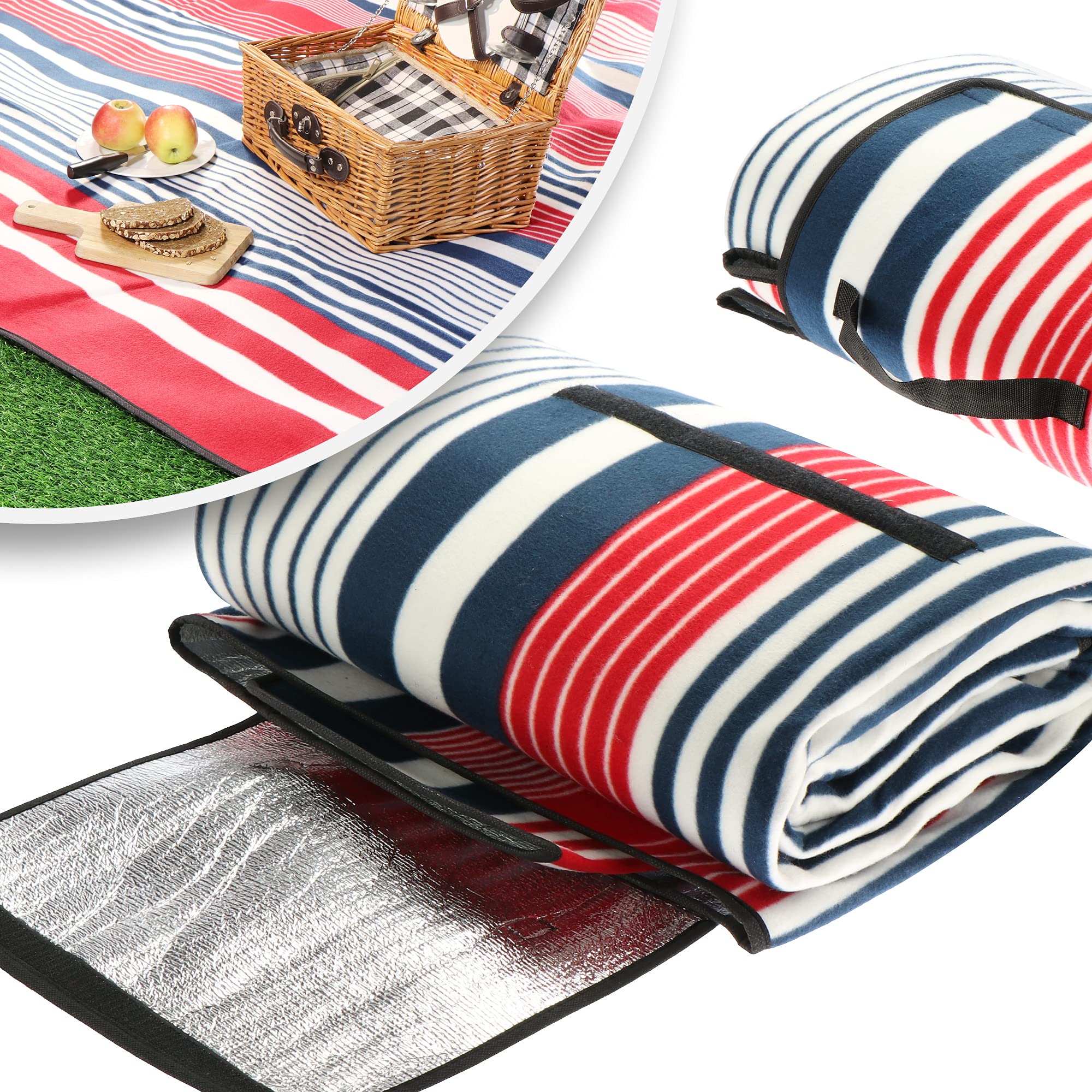 Manta de Picnic XXL - Manta de Camping Enorme con diseño de Rayas - Manta de Playa con protección contra la Humedad y Aislamiento térmico - 200 x 220 cm