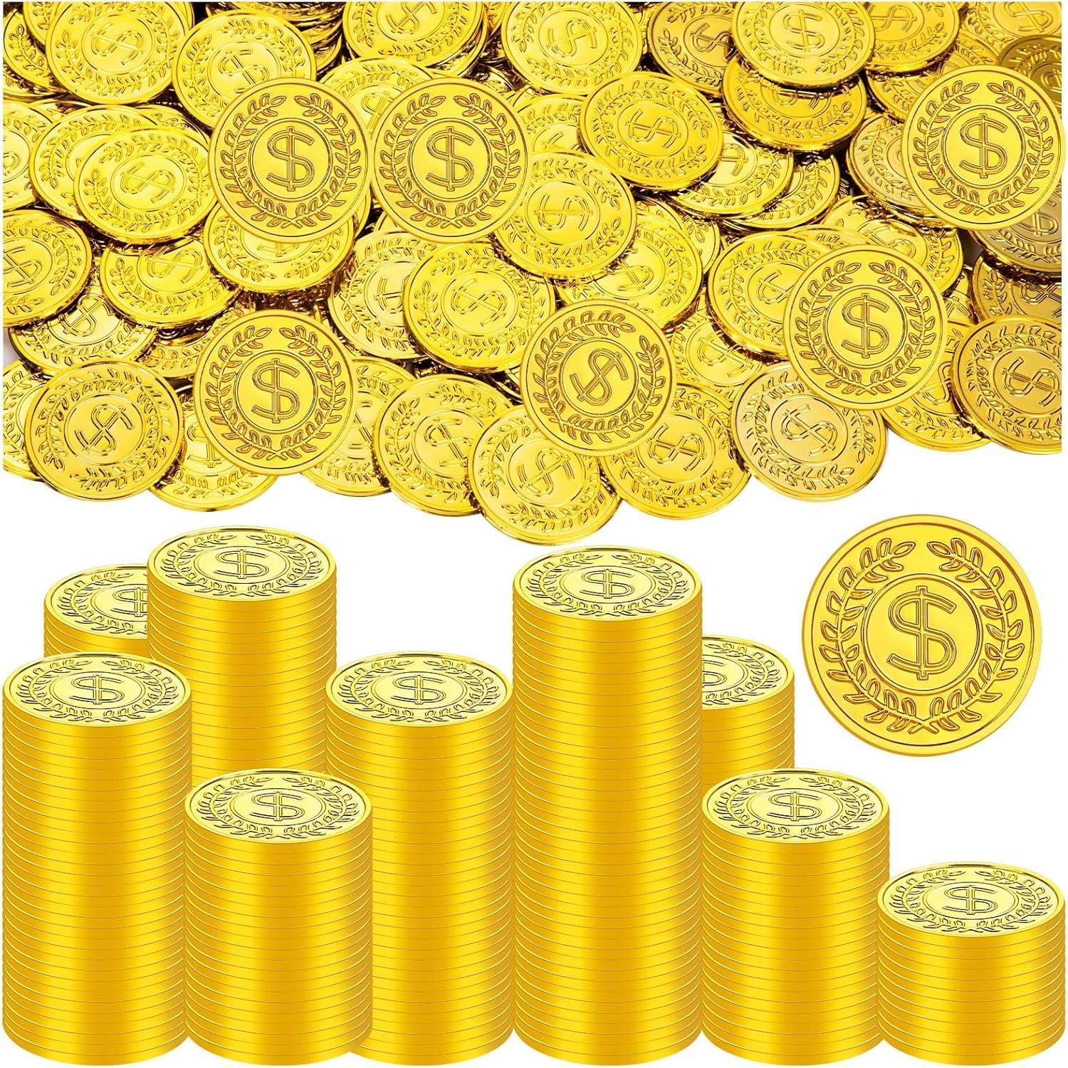 300Pcs Plastic Gold Coins, Gold Treasure Coins Pirate Treasure Hunt Game for Children, Plastic Fake Gold Coins Treasure Carnival Halloween Party Theme Props, Birthday Adventure Themed Decoration