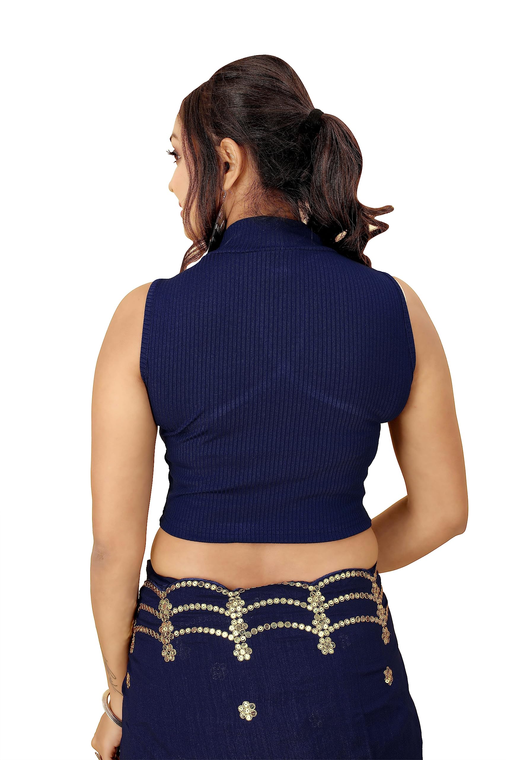 Shasmi Women's & Girls' Solid Ribbed High Neck Stand Collar Sleeveless Slim Fit Cut Out Blouse For Women (Blouse 43 N Blue S)