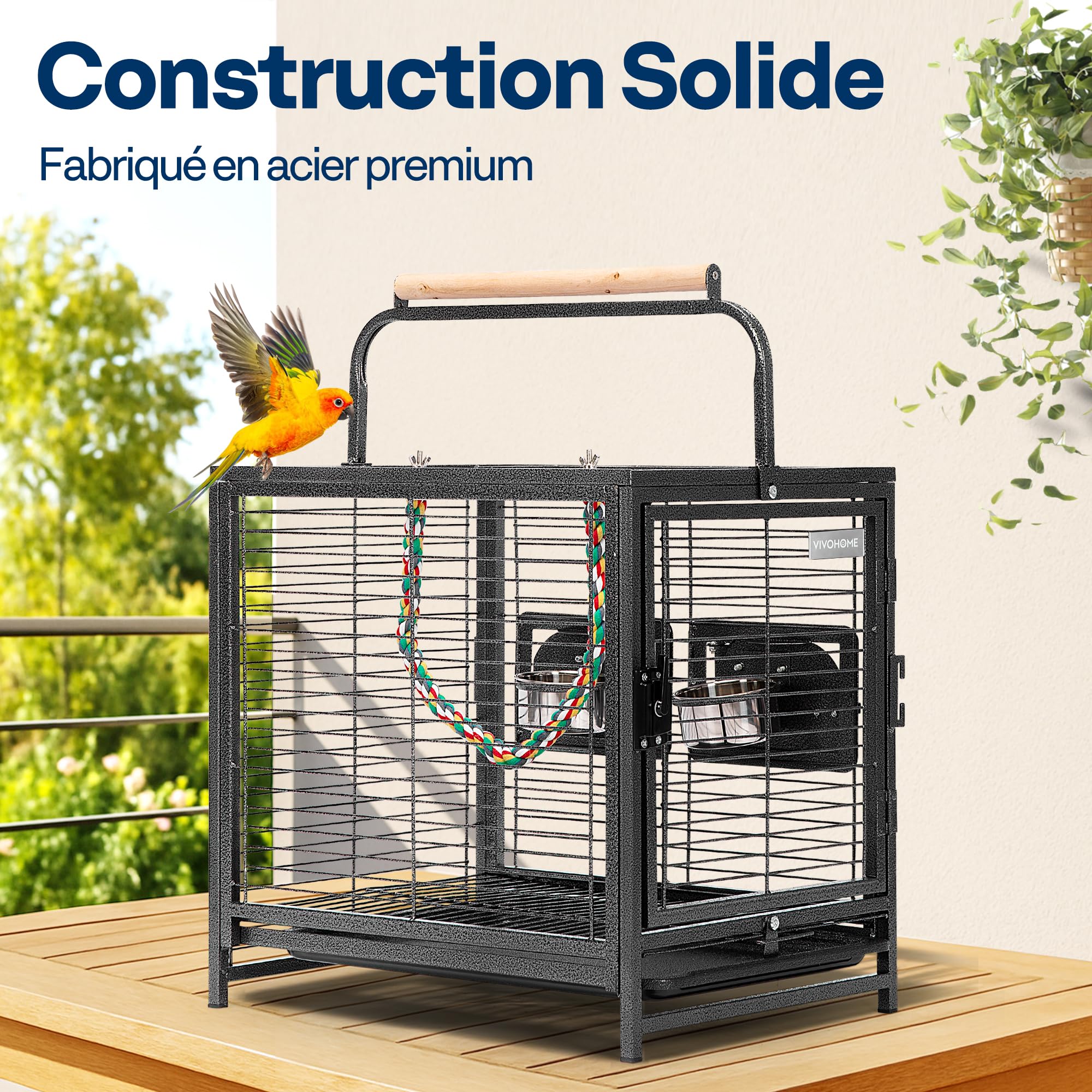 VIVOHOME Cage de Transport en Fer Forgé 48cm pour Oiseaux avec 2 Mangeoires, Perchoir en Bois et Plateau Coulissant, Portable pour Perroquets Conures Inséparables Calopsittes et Perruches, Noir